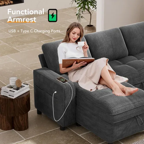 Vista 6 de Vipbear Sofá cama modular de 81 pulgadas con cama extraíble, sofá cama en forma de L, sofá extraíble con respaldo reclinable, diván de Gris oscuro