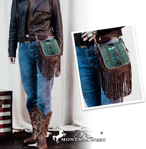 Vista 3 de Montana West Bolso cruzado para mujer de cuero genuino con flecos occidentales