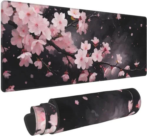 Vista 9 de Alfombrilla de mouse para juegos con diseño de flores y cerezas, base de goma antideslizante, alfombrilla de mouse extendida con bordes cosidos