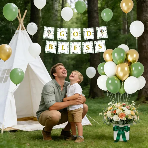 Vista 3 de Cartel de God Bless para bautismo, decoraciones de primera comunión con globos de oro blanco verde salvia para bautizo de bebé, suministros