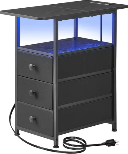 Vista 16 de DALEMHOME Mesa auxiliar estrecha con estación de carga, mesa auxiliar estrecha con cajón, mesita de noche pequeña con luz LED, mesita de noche Negro