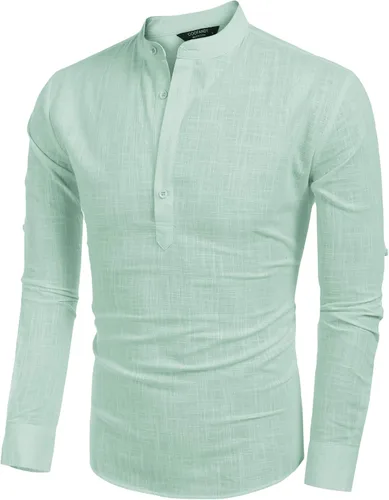 Vista 2 de COOFANDY - Camisa de lino y algodón con cuello Henley, de manga larga, estilo hippie, informal, camisetas de playa