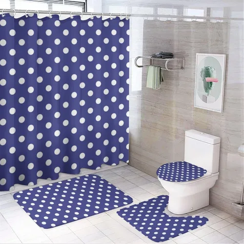 Vista 19 de Juego de 3 alfombras de baño con diseño de lunares, color azul aguamarina, antideslizante, con contorno en forma de U y tapa de inodoro