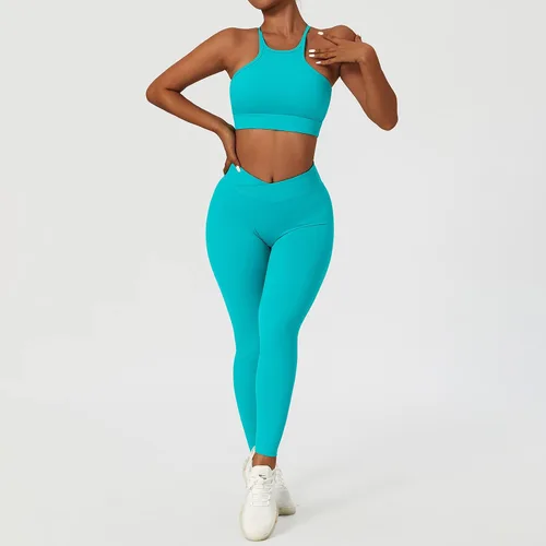 Vista 5 de ABOCIW Conjuntos de entrenamiento para mujer, 2 piezas, cintura cruzada, leggings de cintura alta, tirantes deportivos, para ejercicio, gimnasio