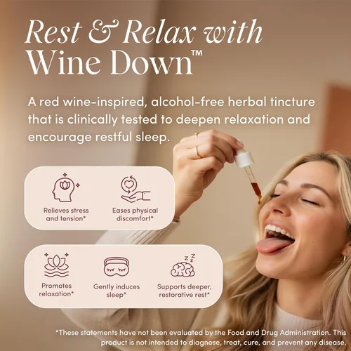 Vista 2 de Apothékary Wine Down, apoyo natural para dormir y relajarse, gotas líquidas herbales inspiradas en vino tinto sin alcohol, contiene verbena azul