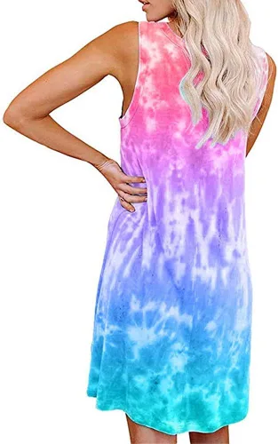 Vista 3 de Women's Casual Tie Dye Short Dress Crew Neck Sleeveless Loose T Shirt Mini Dress