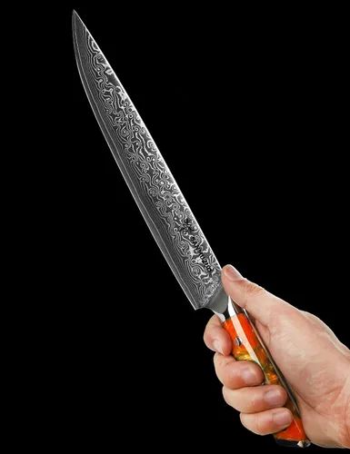 Vista 4 de Cuchillo para cortar carne de acero Damasco VG10 de 9 pulgadas, mango naranja de fantasía de resina