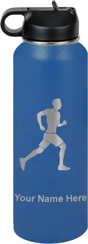 Vista 24 de LaserGram Botella de agua personalizada, Running Man, acero inoxidable de doble pared aislada al vacío con popote superior, regalo grabado
