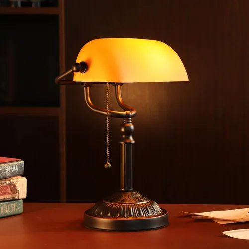 Vista 5 de TORCHSTAR Lámpara de escritorio de cristal ámbar con cadena de tracción, base E26 Base con peso retro, lámpara tradicional antigua de biblioteca