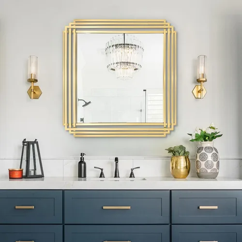 Vista 18 de Espejo de pared rectangular decorativo de 24 x 18 pulgadas con marco de metal negro Geometric Design, HD Mirror, Horizontal/Vertical Hanging, Art