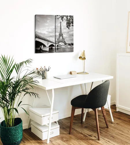 Vista 6 de París - Lienzo decorativo para pared, juego de 2 piezas, impresiones decorativas de varios paneles divididos, imagen de la torre Eiffel en blanco