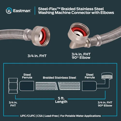 Vista 6 de Eastman 41065 manguera para lavadora de acero inoxidable con codo de 90 grados, 3/4 pulgadas X 3/4 pulgadas, 1 par