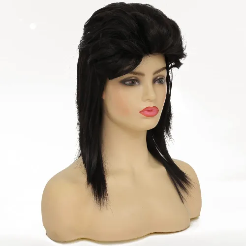 Vista 4 de Swiking Pelucas negras de salmonete para mujer, rizado hasta el hombro, pelo esponjoso de los años 70 y 80, Rocker Party Cosplay Pelucas sintéticas