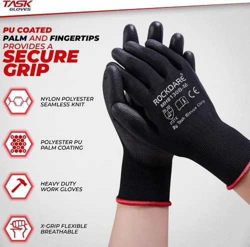 Vista 2 de Task Force - Guantes de trabajo de seguridad con revestimiento de poliuretano, 12 pares, guantes de punto sin costuras con revestimiento