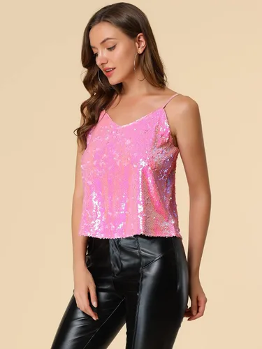 Vista 4 de Allegra K Camisola brillante con lentejuelas para mujer, para fiesta de club, con brillantina, discoteca brillante