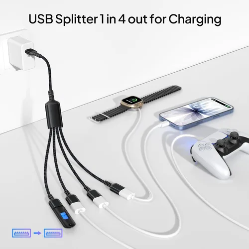 Vista 2 de Elebase Divisor USB de 1 en 4 salidas de 1 pie, cargador USB Sp-Litter, cable USB Y multipuerto, cable divisor de extensión USB, adaptador de carga