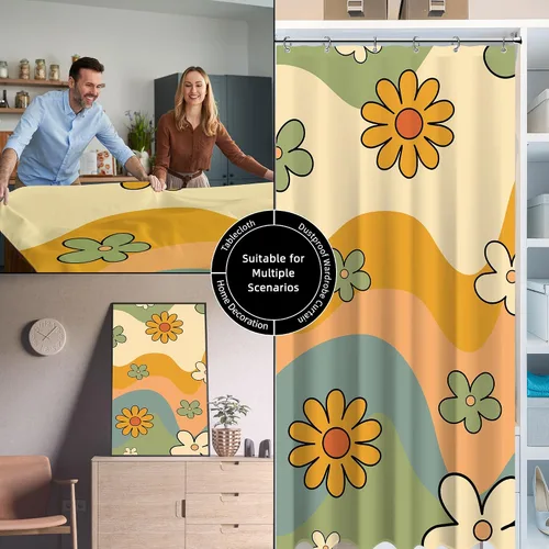 Vista 7 de Cortina de ducha pequeña para casa rodante, tamaño medio, estilo retro de los 70, con flores bonitas, estética abstracta de margaritas, decorativa