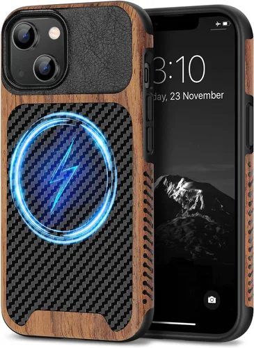 Vista 25 de TENDLIN Compatible con Funda para iPhone 14 de Grano de Madera con Diseño de Textura de Fibra de Carbono, Funda Híbrida de Cuero delgada Negra Negro