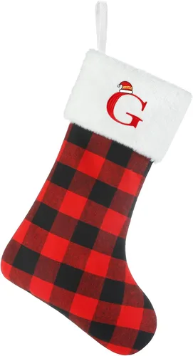 Vista 11 de Senneny - Medias de Navidad con iniciales, 20" grandes rojas y negras a cuadros de búfalo, monograma, medias de Navidad con puño de felpa blanca