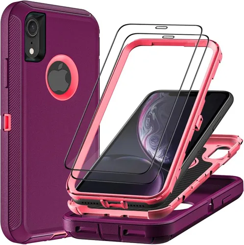 Vista 11 de Funda para iPhone XR con 2 protectores de pantalla de vidrio templado, grado militar 3 en 1, resistente a prueba de golpes, a prueba de caídas