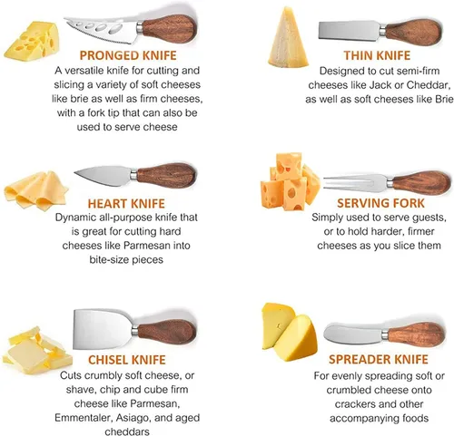 Vista 5 de Exquisito juego de cuchillos de queso de 6 piezas, colección de cuchillos de queso de acero inoxidable (mango de madera de acacia)