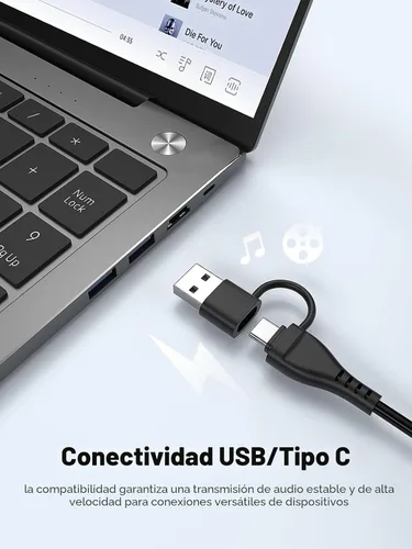 Vista 5 de Bluedee Altavoces de computadora para PC de escritorio, altavoces de PC de doble controlador con luces RGB, altavoz USB compacto con cable Plug &