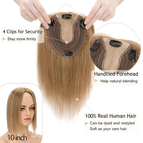 Vista 3 de Hair Toppers para mujer, cabello humano real, sin flequillo, 10 pulgadas, marrón claro