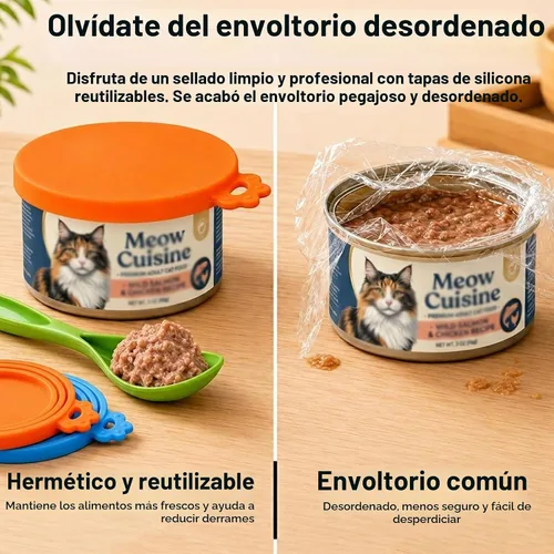 Vista 10 de Tapas para latas de comida para perros y latas de comida para gatos, paquete de 2, fundas de silicona para latas de alimentos húmedos, se adapta a