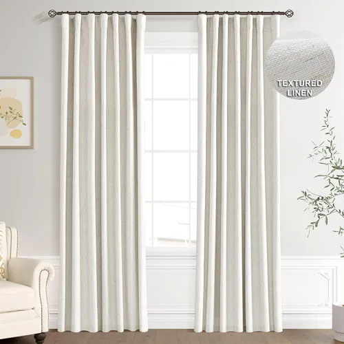 Vista 25 de Joywell - 2 cortinas de lino 100% opacas, con bolsillo para cortinero, trabilla trasera, cinta para ganchos y anillas con clip, con aislamiento