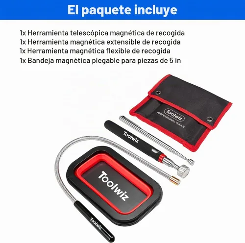 Vista 8 de Toolwiz Juego de 4 herramientas magnéticas de recuperación de recogida con bandeja de piezas - Varillas magnéticas extensibles y flexibles