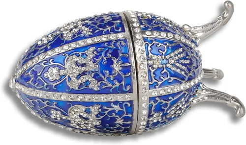 Vista 2 de Huevo de Faberge azul con más de 600 mini cristales de diamantes de imitación esmaltados de Faberge, cajas de joyería decorativas con bisagras
