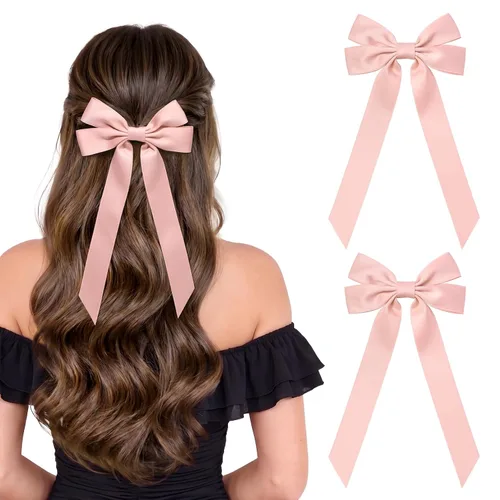 Vista 10 de Lazos de satén sedoso y pinzas de cocodrilo, soportes para cola de caballo de cinta negra, accesorios para el cabello para mujeres, niñas, niños