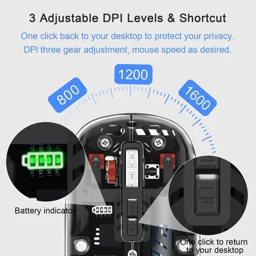 Vista 5 de Ratón inalámbrico, mouse de computadora con conectividad de modo dual (2.4G + BT5.2), mouse óptico con carcasa transparente, batería recargable