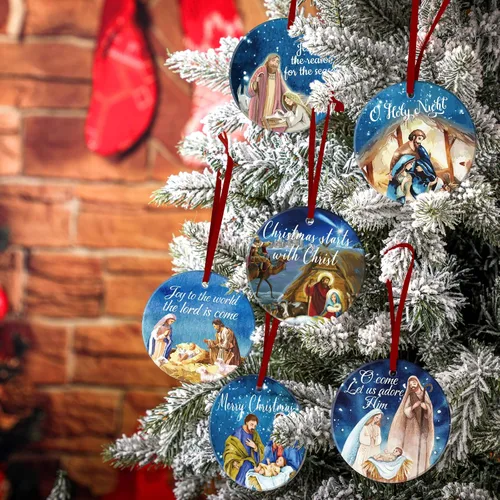 Vista 2 de Karenhi 6 piezas de adornos navideños de escena del nacimiento de Jesús, regalos religiosos, adorno navideño colgante de cerámica, escena