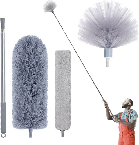 Vista 10 de IVYROLL Plumero con poste de extensión para limpieza (kit de 2 cabezales de microfibra), plumero de plumas de 100 pulgadas de largo para techos