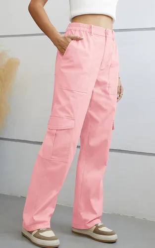 Vista 4 de QUEZHU Pantalones cargo para mujer, holgados, cintura elástica, pantalones de paracaídas, ajuste relajado, pantalones militares casuales