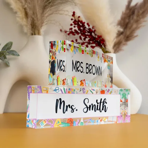 Vista 5 de Placa de nombre personalizada para profesor para escritorio, 12 diseños, 9 fuentes, 2 tamaños, placa de identificación de escritorio de acrílico