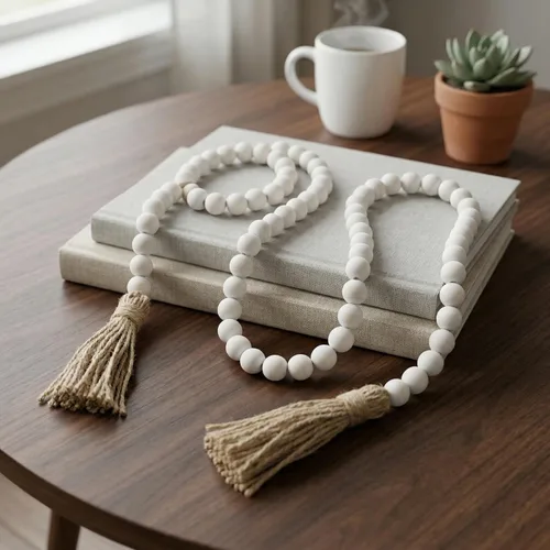 Vista 6 de Cuentas estilo granja, guirnalda de cuentas de madera de 58 pulgadas con borlas, decoración rústica de campo, cuentas bohemias de oración