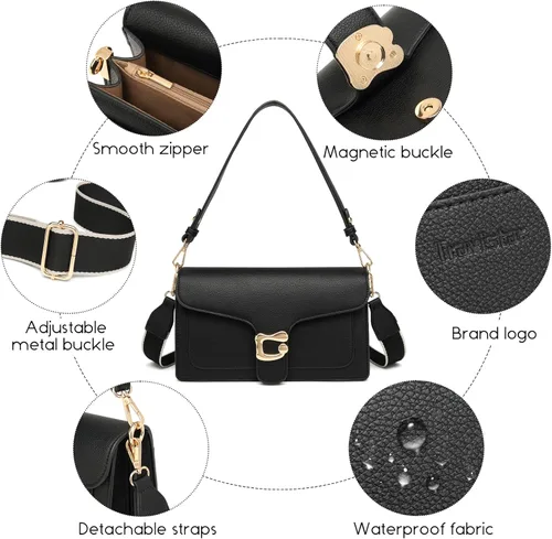 Vista 6 de Travistar Bolsos cruzados para mujer de moda - Pequeño bolso cruzado de hombro con 2 correas, bolso de mano de cuero, bolso de noche de embrague