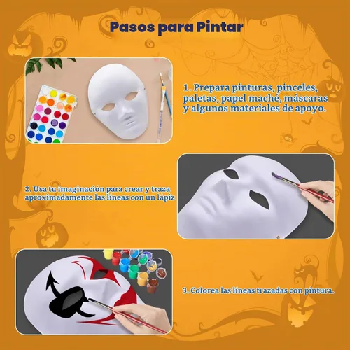 Vista 4 de Paquete de 12 máscaras faciales completas blancas en blanco, máscaras de papel maché con correa elástica para bailes de máscaras, cosplay
