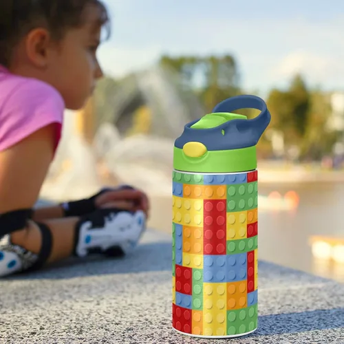 Vista 6 de Kigai Botella de agua pequeña para niños, 12 onzas, bloques de construcción, botella aislada con tapa con pajilla, vaso de acero inoxidable, vaso