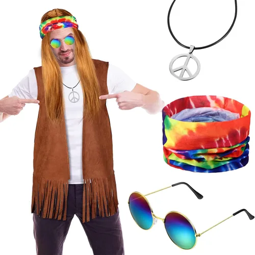 Vista 2 de SATINIOR Disfraz hippie de los años 60 y 70 para hombre, con flecos, tela de gamuza, chaleco hippie para Halloween, carnaval, Mardi Gras, fiesta