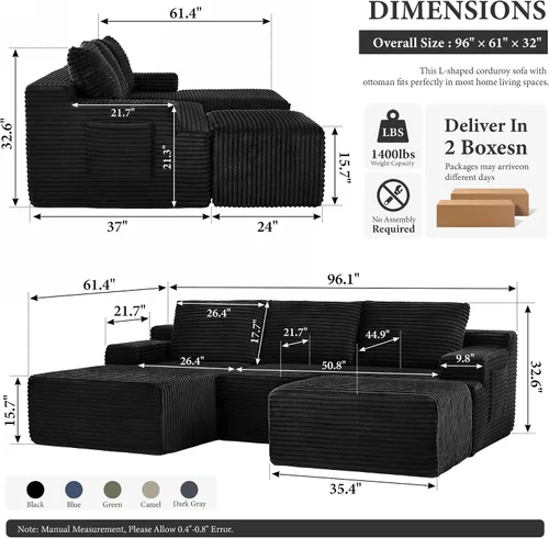 Vista 2 de Sofá modular moderno de 96 pulgadas para sala de estar, sofá modular tapizado sin hueso con bolsillos, cómodo sofá nube con diván en forma de L Negro