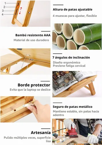 Vista 5 de Mesa para laptop Nnewvante ajustable de bambú, bandeja plegable para servir el desayuno en la cama con cajón superior inclinable