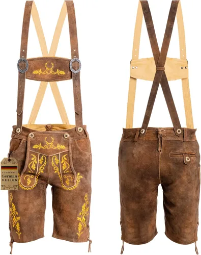 Vista 10 de BAVARIA TRACHTEN Lederhosen - Traje de Oktoberfest de cuero genuino para hombre, marrón claro y oscuro, amarillo oliva antiguo, verde óxido Marrón