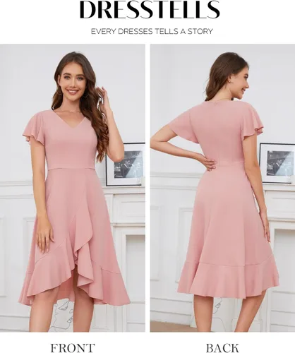 Vista 4 de DRESSTELLS Vestidos formales para mujer 2023 con volantes, cuello en V, vestido de cóctel, fiesta de té, vestido modesto de iglesia para invitados