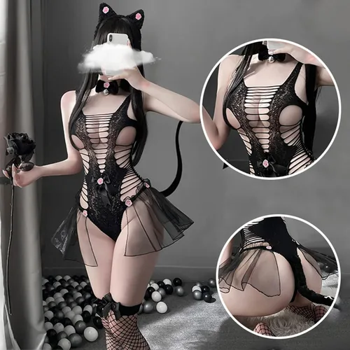 Vista 2 de Zzalalana Conjunto de lencería Kawaii para mujer, sexy, para la escuela, gato, niña, exótico, juego de rol, ropa de dormir para juegos sexuales