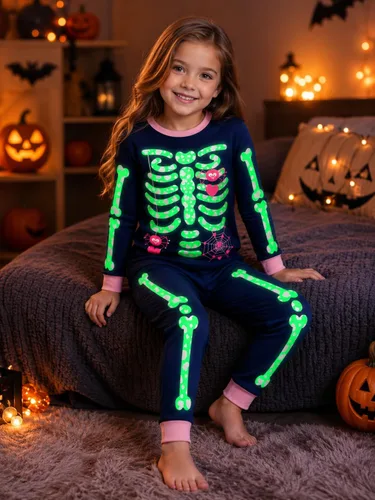 Vista 3 de Conjunto de pijama de esqueleto para niños pequeños, ropa de dormir de calabaza para niños, Halloween, 2 piezas skeleton 3