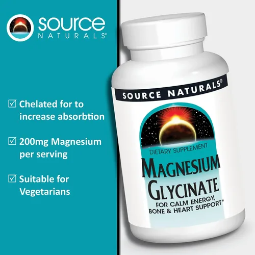 Vista 4 de Source Naturals Glicinato de magnesio, quelado para una alta absorción para energía calma, apoyo óseo y cardíaco*, 200 mg por porción - 60 tabletas