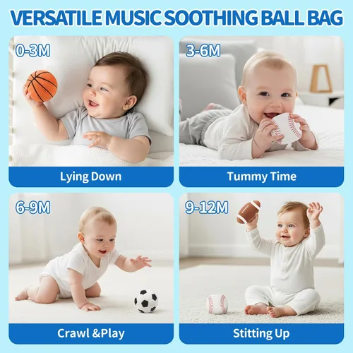Vista 6 de Juguetes para Bebés Niños de 6-12 Meses – My First Sports Bag Juguetes Musicales para Bebés con 4 Pelotas Sensoriales – Baloncesto, Fútbol
